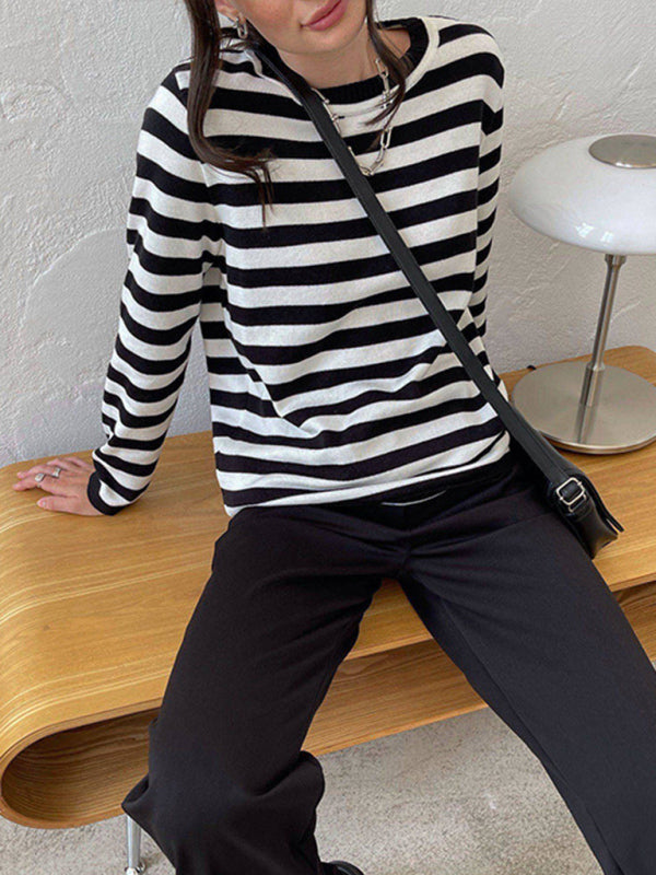 Women's loose striped round neck long sleeve pullover sweater-[Adult]-[Female]-2022 Online Blue Zone Planet