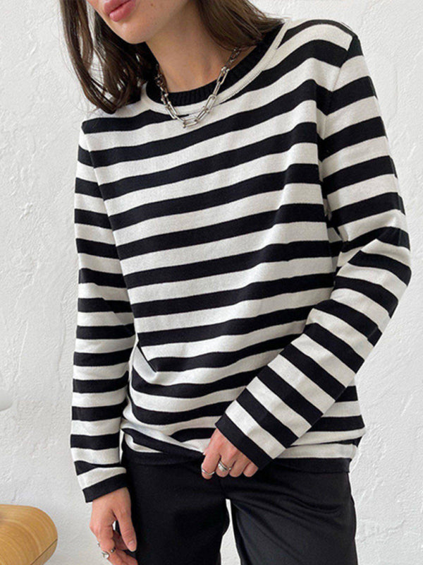 Women's loose striped round neck long sleeve pullover sweater-[Adult]-[Female]-Black-S-2022 Online Blue Zone Planet