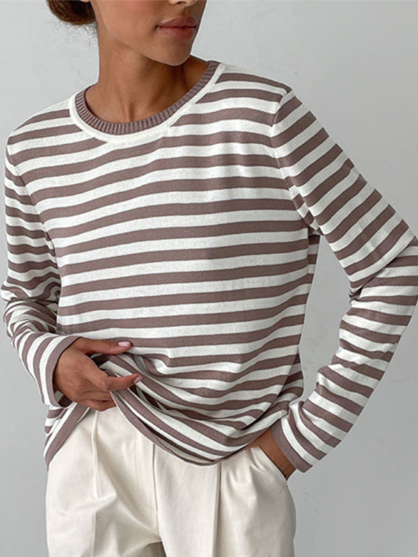 Women's loose striped round neck long sleeve pullover sweater-[Adult]-[Female]-Coffee-S-2022 Online Blue Zone Planet