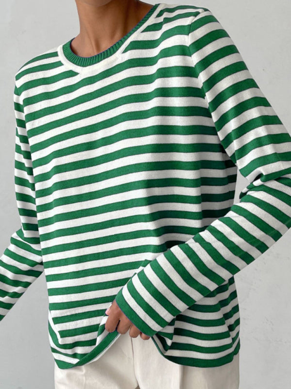 Women's loose striped round neck long sleeve pullover sweater-[Adult]-[Female]-Green-S-2022 Online Blue Zone Planet