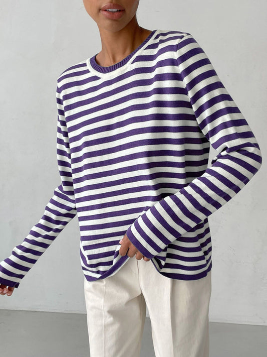 Women's loose striped round neck long sleeve pullover sweater-[Adult]-[Female]-Purple-S-2022 Online Blue Zone Planet