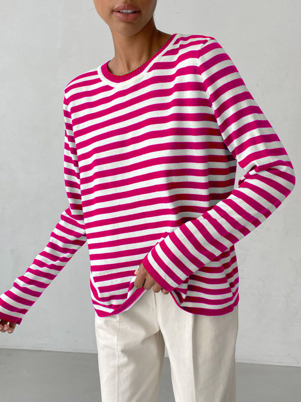 Women's loose striped round neck long sleeve pullover sweater-[Adult]-[Female]-Rose-S-2022 Online Blue Zone Planet