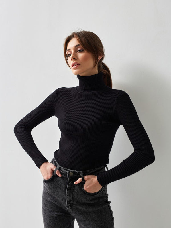 Blue Zone Planet | Women's slim high collar long sleeve pullover sweater-TOPS / DRESSES-[Adult]-[Female]-Black-F-2022 Online Blue Zone Planet