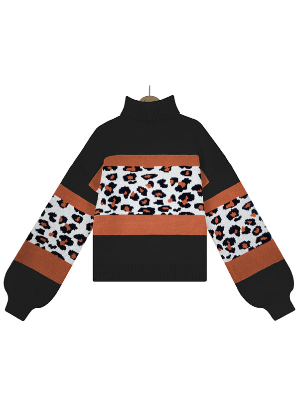 Women's loose turtleneck long sleeve leopard print sweater-[Adult]-[Female]-2022 Online Blue Zone Planet