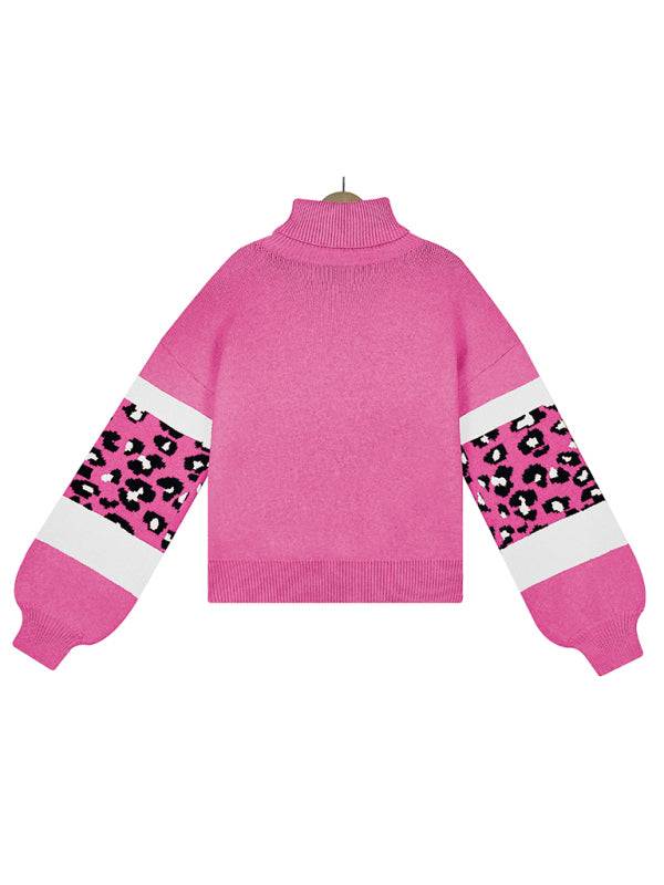 Women's loose turtleneck long sleeve leopard print sweater-[Adult]-[Female]-2022 Online Blue Zone Planet