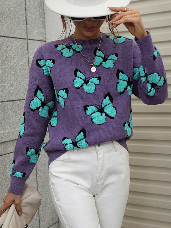 Blue Zone Planet | Women's Loose Round Neck Long Sleeve Butterfly Sweater-TOPS / DRESSES-[Adult]-[Female]-Purple-S-2022 Online Blue Zone Planet