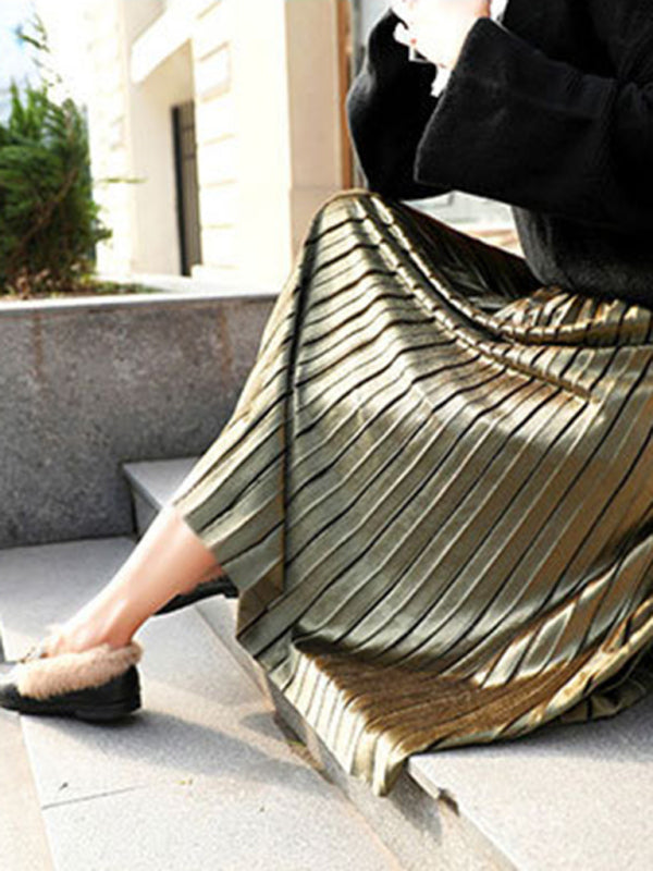 Blue Zone Planet |  gold velvet pleated skirt with wide hem BLUE ZONE PLANET