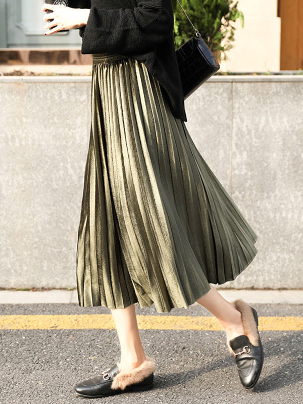 Blue Zone Planet |  gold velvet pleated skirt with wide hem BLUE ZONE PLANET