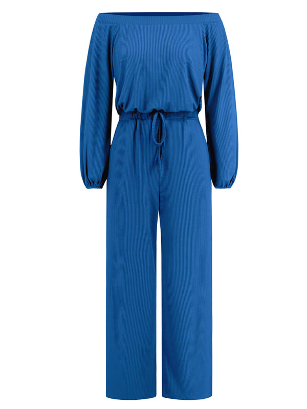 One-shoulder long-sleeved slim-waisted wide-leg jumpsuit BLUE ZONE PLANET