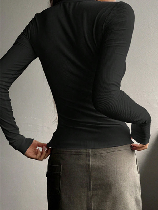 Blue Zone Planet |  U-neck buttoned long-sleeved knitted top BLUE ZONE PLANET