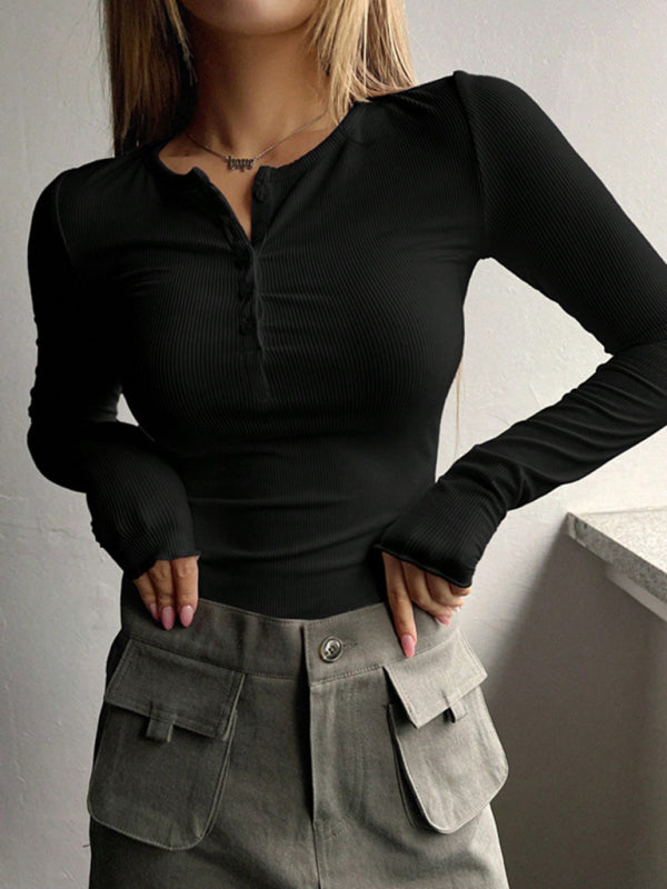 Blue Zone Planet |  U-neck buttoned long-sleeved knitted top BLUE ZONE PLANET