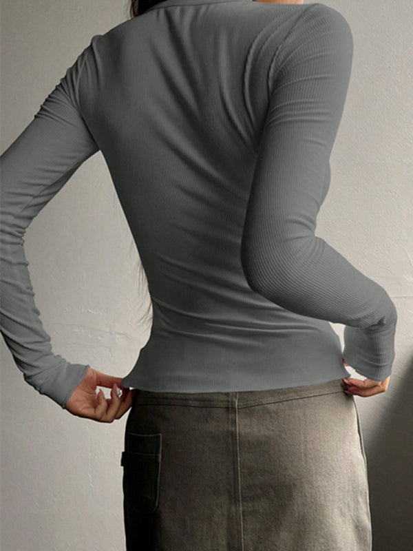 Blue Zone Planet |  U-neck buttoned long-sleeved knitted top BLUE ZONE PLANET
