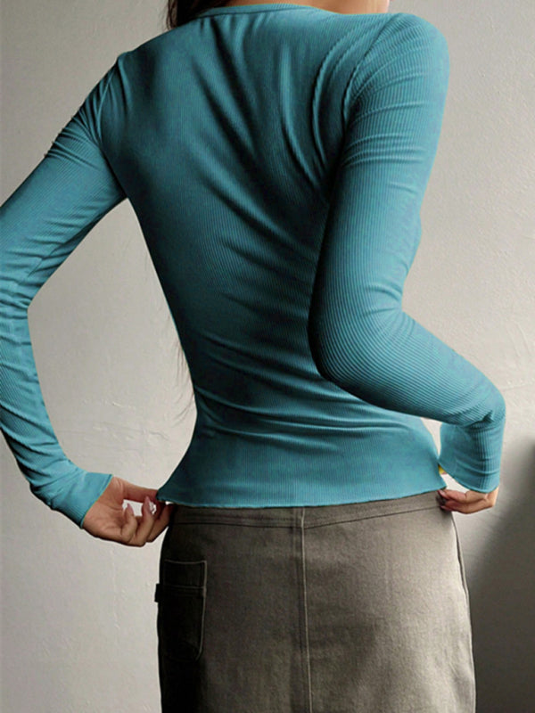 Blue Zone Planet |  U-neck buttoned long-sleeved knitted top BLUE ZONE PLANET