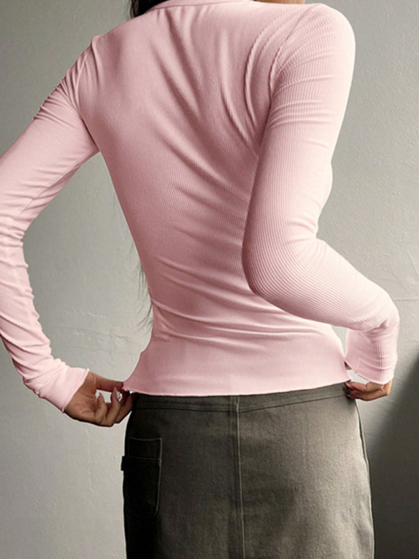 Blue Zone Planet |  U-neck buttoned long-sleeved knitted top BLUE ZONE PLANET
