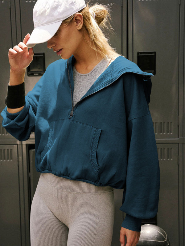 Athletic hoodie drawstring long sleeve top half zip BLUE ZONE PLANET