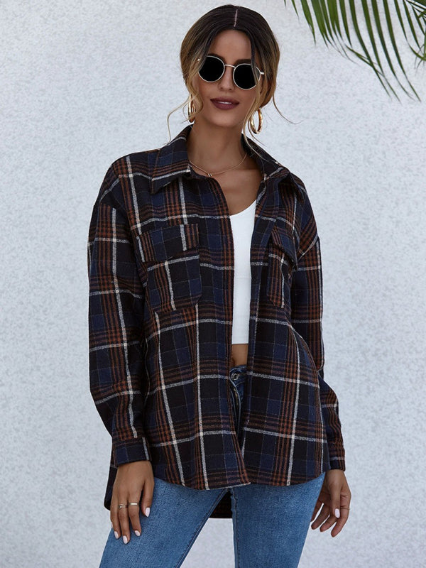 Pam's Loose Single-breasted Lapel Plaid Pocket Shacket-TOPS / DRESSES-[Adult]-[Female]-2022 Online Blue Zone Planet