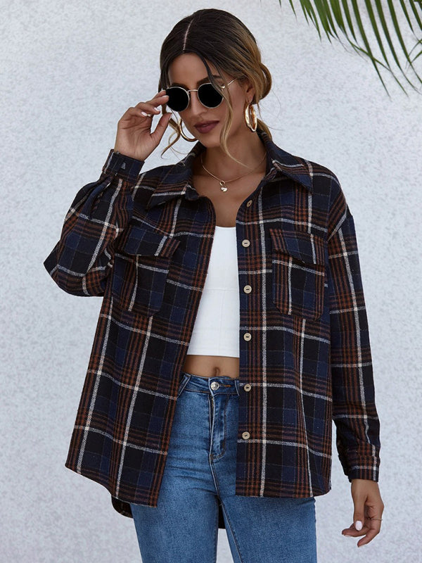 Pam's Loose Single-breasted Lapel Plaid Pocket Shacket-TOPS / DRESSES-[Adult]-[Female]-2022 Online Blue Zone Planet