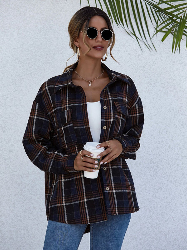 Pam's Loose Single-breasted Lapel Plaid Pocket Shacket-TOPS / DRESSES-[Adult]-[Female]-Blue-S-2022 Online Blue Zone Planet