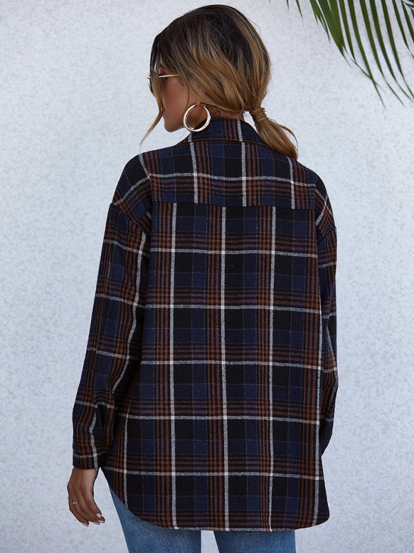 Pam's Loose Single-breasted Lapel Plaid Pocket Shacket-TOPS / DRESSES-[Adult]-[Female]-2022 Online Blue Zone Planet