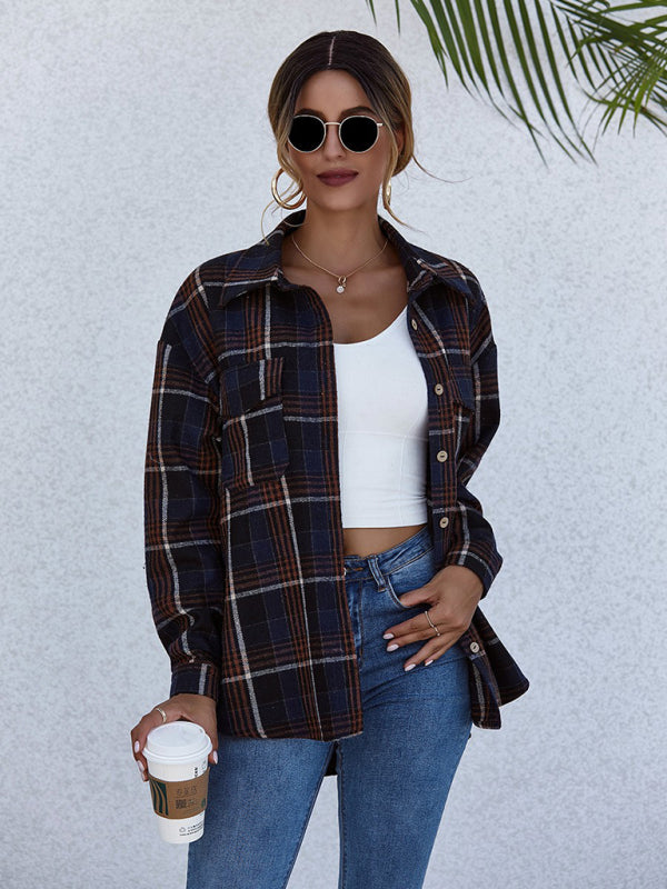 Pam's Loose Single-breasted Lapel Plaid Pocket Shacket-TOPS / DRESSES-[Adult]-[Female]-2022 Online Blue Zone Planet