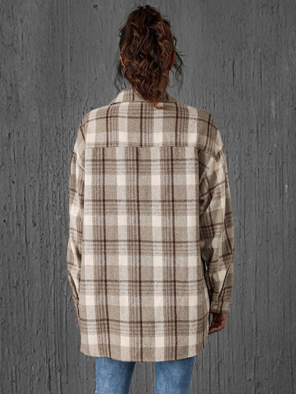 Pam's Loose Single-breasted Lapel Plaid Pocket Shacket-TOPS / DRESSES-[Adult]-[Female]-2022 Online Blue Zone Planet