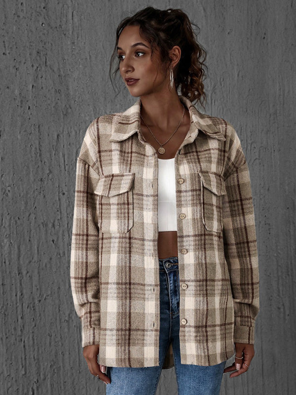 Pam's Loose Single-breasted Lapel Plaid Pocket Shacket-TOPS / DRESSES-[Adult]-[Female]-2022 Online Blue Zone Planet