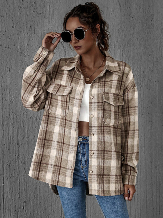 Pam's Loose Single-breasted Lapel Plaid Pocket Shacket-TOPS / DRESSES-[Adult]-[Female]-Khaki-S-2022 Online Blue Zone Planet