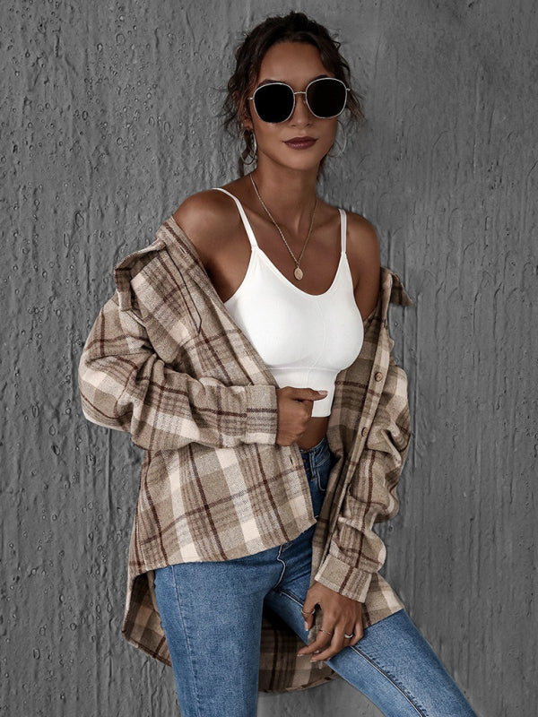 Pam's Loose Single-breasted Lapel Plaid Pocket Shacket-TOPS / DRESSES-[Adult]-[Female]-2022 Online Blue Zone Planet