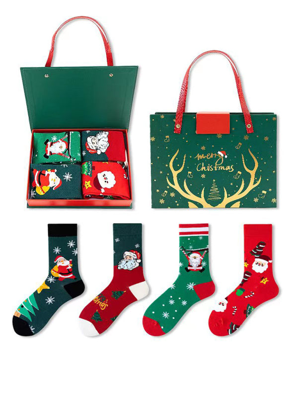 Christmas Mid-calf Santa Claus 4 Pair Sock Set-[Adult]-[Female]-Pattern1-FREESIZE-2022 Online Blue Zone Planet