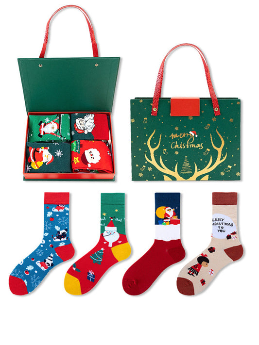Christmas Mid-calf Santa Claus 4 Pair Sock Set-[Adult]-[Female]-Pattern4-FREESIZE-2022 Online Blue Zone Planet