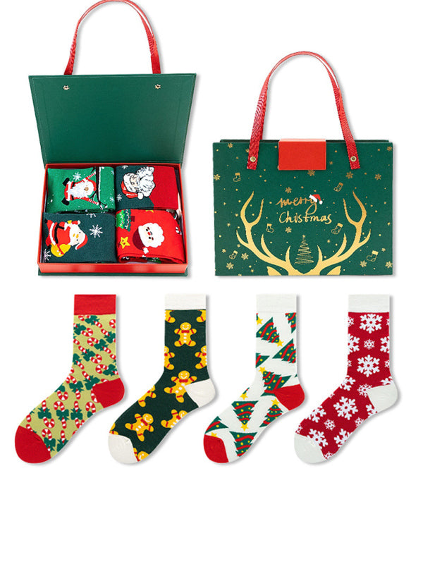 Christmas Mid-calf Santa Claus 4 Pair Sock Set-[Adult]-[Female]-Pattern5-FREESIZE-2022 Online Blue Zone Planet