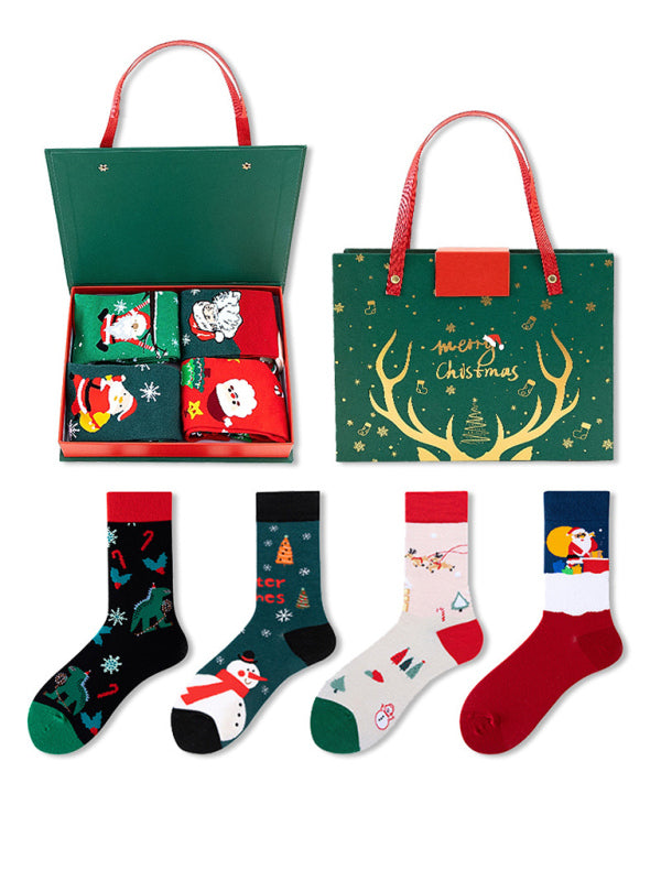 Christmas Mid-calf Santa Claus 4 Pair Sock Set-[Adult]-[Female]-Pattern6-FREESIZE-2022 Online Blue Zone Planet