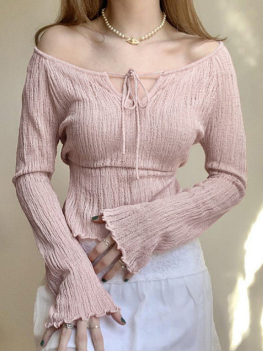 Blue Zone Planet | elegant one-shoulder V-neck lace-up shoulder-length long-sleeved sweet fungus-trimmed sweater-TOPS / DRESSES-[Adult]-[Female]-Pink-S-2022 Online Blue Zone Planet