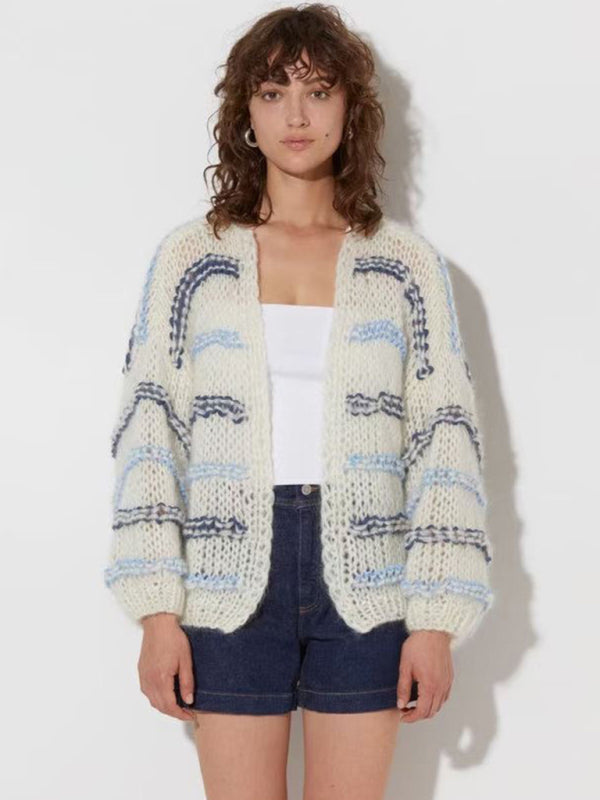 Blue Zone Planet |  Designed to be niche, loose, fashionable and versatile, contrast striped lazy style knitted cardigan