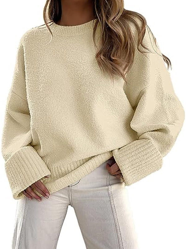 Blue Zone Planet | versatile street style round neck pullover loose women's sweater-TOPS / DRESSES-[Adult]-[Female]-Cream-S-2022 Online Blue Zone Planet