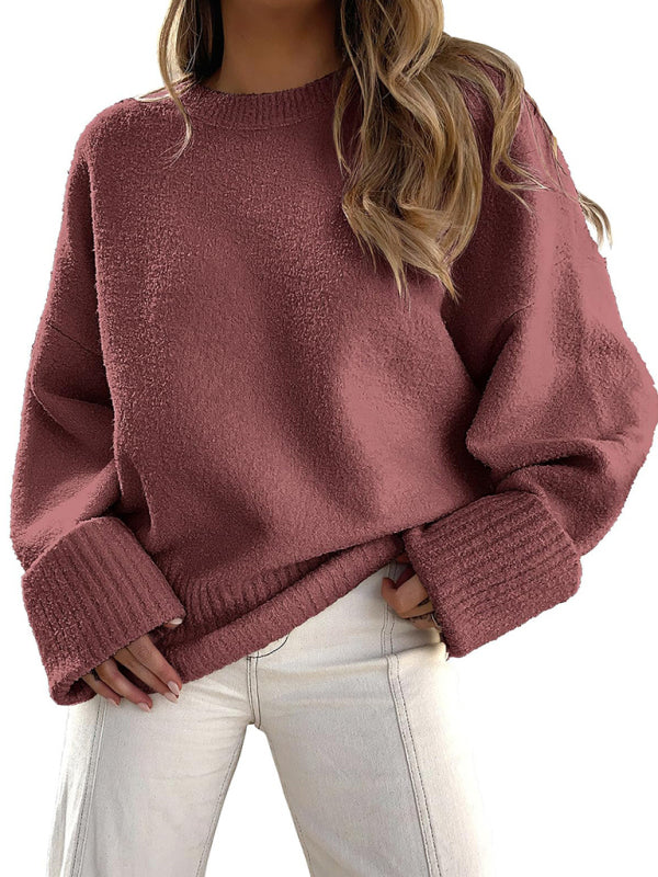 Blue Zone Planet | versatile street style round neck pullover loose women's sweater-TOPS / DRESSES-[Adult]-[Female]-Brick red-S-2022 Online Blue Zone Planet