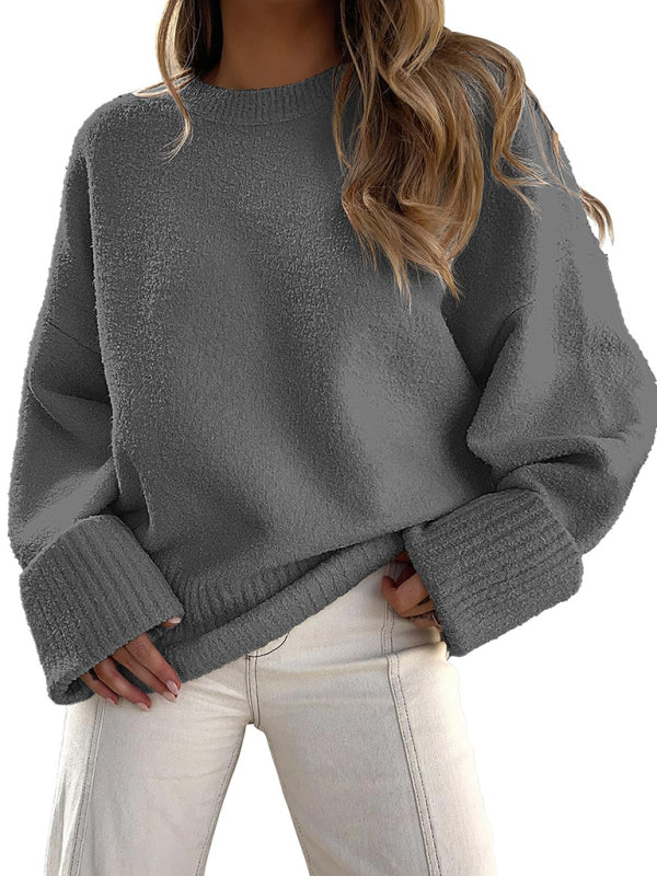 Blue Zone Planet | versatile street style round neck pullover loose women's sweater-TOPS / DRESSES-[Adult]-[Female]-Charcoal grey-S-2022 Online Blue Zone Planet