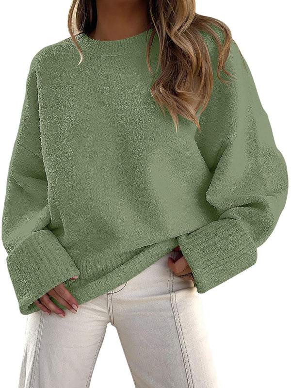 Blue Zone Planet | versatile street style round neck pullover loose women's sweater-TOPS / DRESSES-[Adult]-[Female]-Green-S-2022 Online Blue Zone Planet