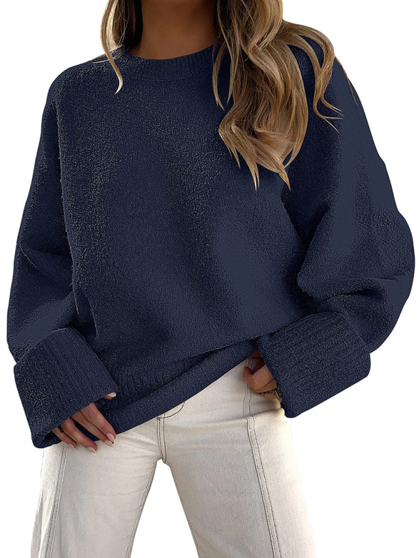 Blue Zone Planet | versatile street style round neck pullover loose women's sweater-TOPS / DRESSES-[Adult]-[Female]-Champlain color-S-2022 Online Blue Zone Planet