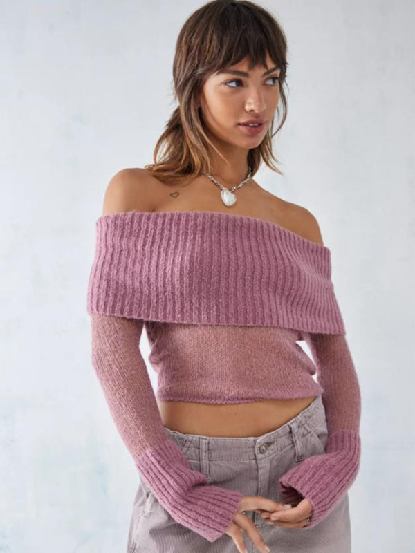 New hot girl one-line collar long-sleeved sweater-[Adult]-[Female]-Pink-M-2022 Online Blue Zone Planet