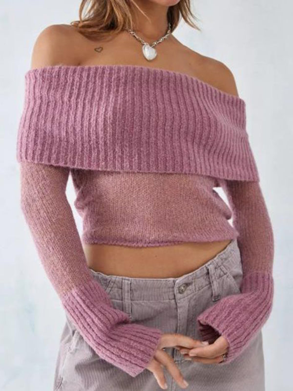 New hot girl one-line collar long-sleeved sweater-[Adult]-[Female]-Pink-M-2022 Online Blue Zone Planet