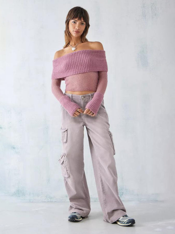 New hot girl one-line collar long-sleeved sweater-[Adult]-[Female]-Pink-M-2022 Online Blue Zone Planet