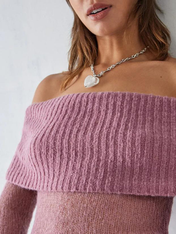 New hot girl one-line collar long-sleeved sweater-[Adult]-[Female]-Pink-M-2022 Online Blue Zone Planet