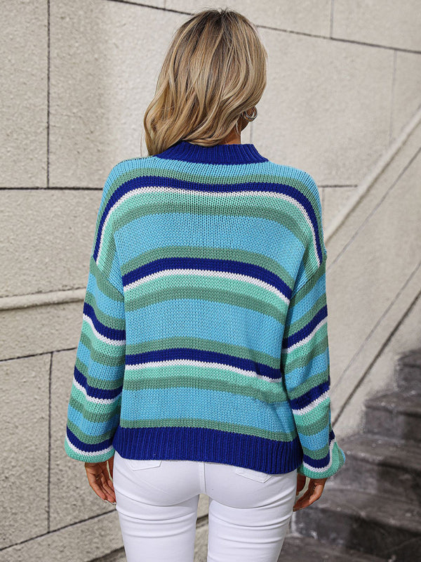 Blue Zone Planet | Women's loose mid-color round neck striped sweater-TOPS / DRESSES-[Adult]-[Female]-2022 Online Blue Zone Planet