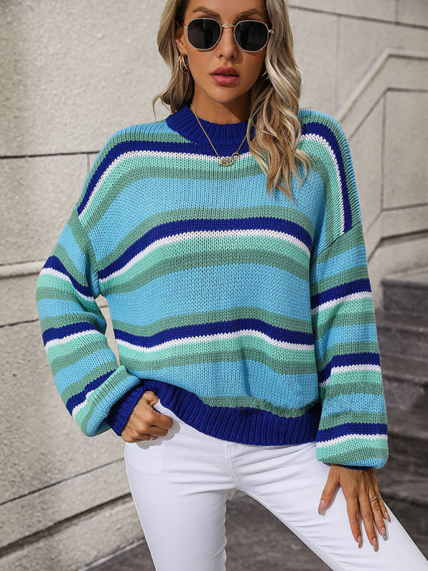 Blue Zone Planet | Women's loose mid-color round neck striped sweater-TOPS / DRESSES-[Adult]-[Female]-2022 Online Blue Zone Planet