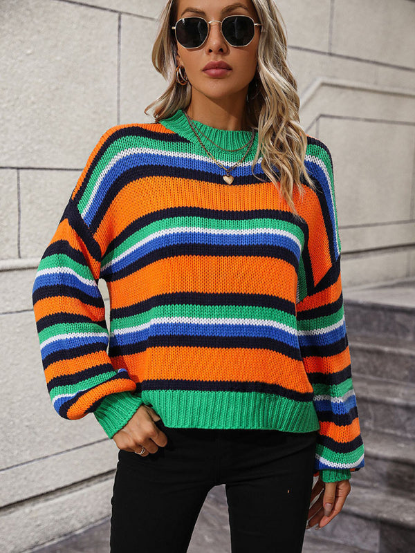 Blue Zone Planet | Women's loose mid-color round neck striped sweater-TOPS / DRESSES-[Adult]-[Female]-Green-S-2022 Online Blue Zone Planet