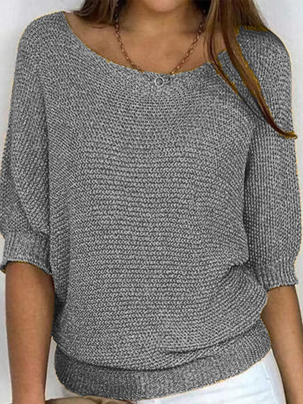 Blue Zone Planet | Women's round neck three-quarter sleeve knitted sweater-TOPS / DRESSES-[Adult]-[Female]-Grey-S-2022 Online Blue Zone Planet