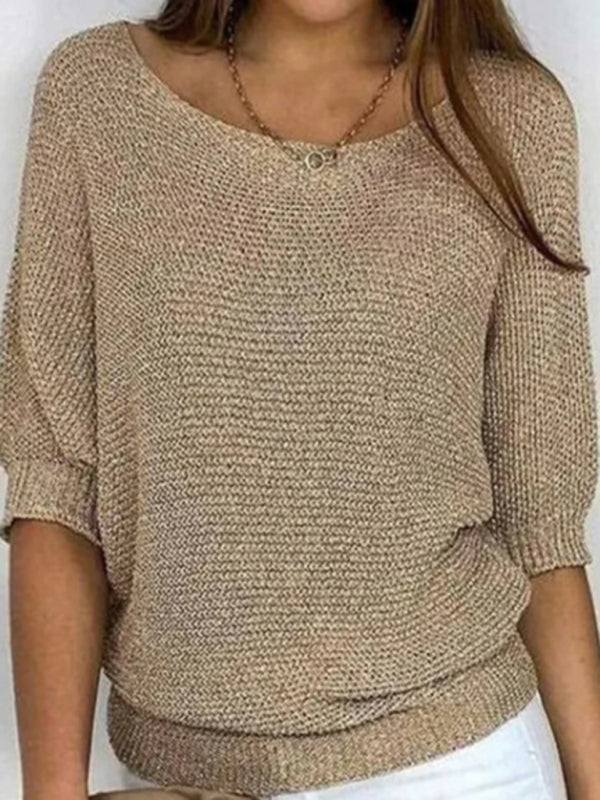 Blue Zone Planet | Women's round neck three-quarter sleeve knitted sweater-TOPS / DRESSES-[Adult]-[Female]-Khaki-S-2022 Online Blue Zone Planet