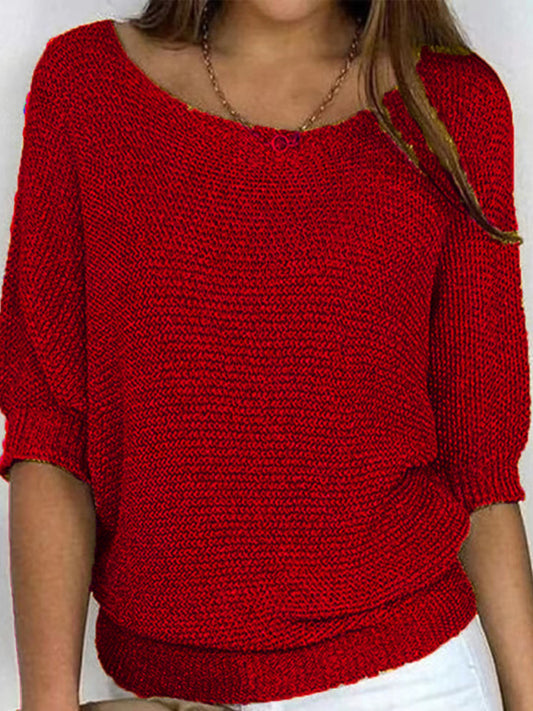 Blue Zone Planet | Women's round neck three-quarter sleeve knitted sweater-TOPS / DRESSES-[Adult]-[Female]-Red-S-2022 Online Blue Zone Planet