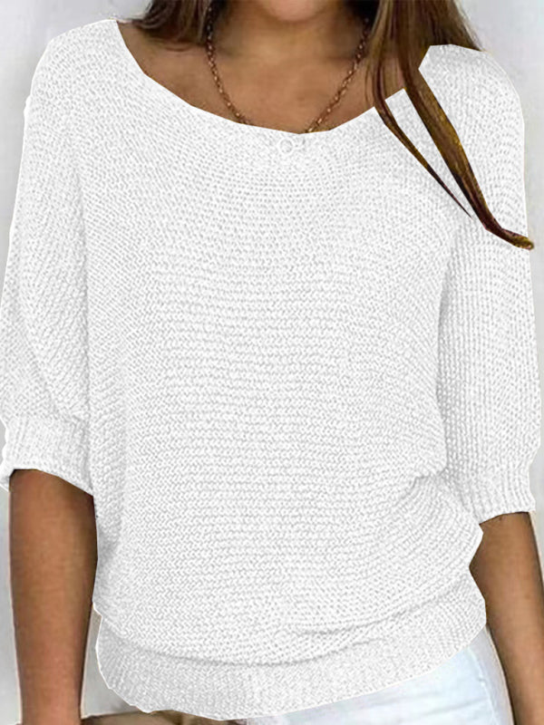 Blue Zone Planet | Women's round neck three-quarter sleeve knitted sweater-TOPS / DRESSES-[Adult]-[Female]-White-S-2022 Online Blue Zone Planet